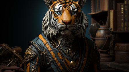Tiger portrait wearing a knight armor. Animal in a medieval armorの素材