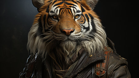Tiger portrait wearing a knight armor. Animal in a medieval armorの素材