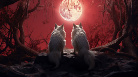 white fox couples with nine tails look at the the red full moon. Beautiful mystical forestの素材
