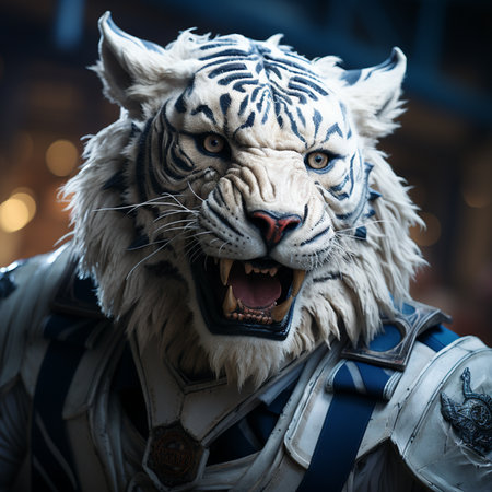 Tiger portrait wearing a knight armor. Animal in a medieval golden armor with ornamentの素材