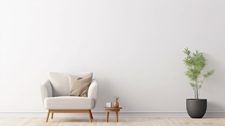 Interior poster mock up living room with armchair on empty white wall backgroundの素材