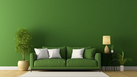 Interior mockup green wall with green sofa and decor in living roomの素材
