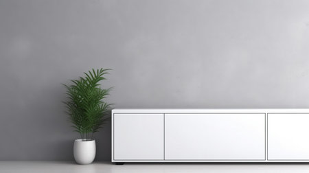 Cabinet with plant and lamp in front of a background wallの素材