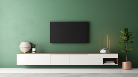 Living room with cabinet for tv on dark green color wall backgroundの素材