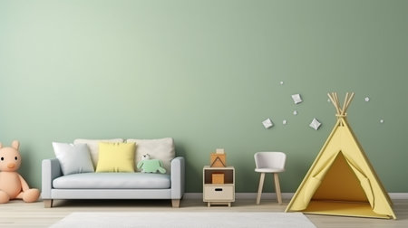 Mockup wall in the children room with gray sofa on light green color wallの素材