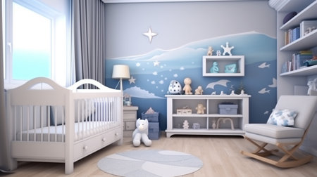 Spacious baby room with simple white furniture and beautiful marine decorationsの素材