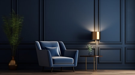 modern living room with dark blue sofa, floor lamp and empty gray wallの素材