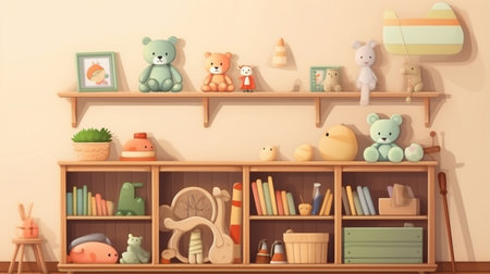 Wooden shelf with baby clothes, toys and accessories in roomの素材