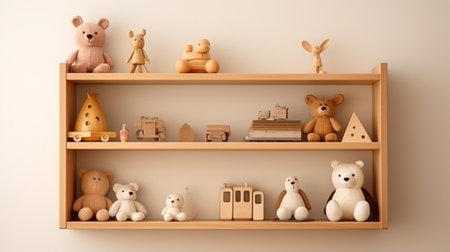 Wooden shelf with baby clothes, toys and accessories in roomの素材