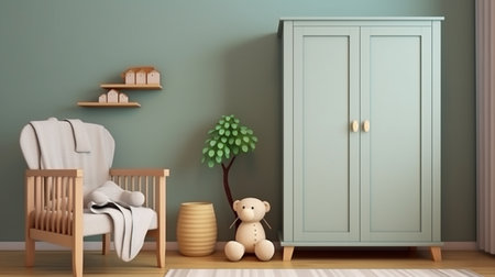Stylish scandinavian newborn baby room with wooden cabinet, toys, children armchair and pillowの素材
