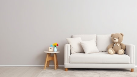 Creative composition of stylish and cozy child room interior plush pillow and stoolの素材