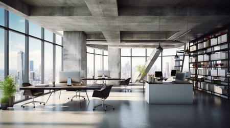 Contemporary concrete office interior with city view, daylight, furniture and equipmentの素材