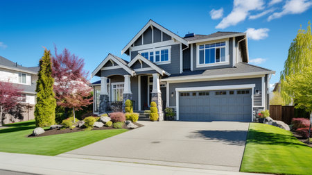 Luxury house with beautiful landscaping on a sunny day. Home exteriorの素材