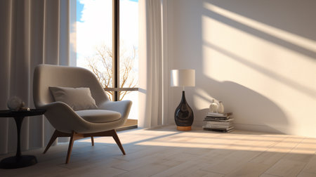 White wall and wood floor in living room. living room with arm chairの素材