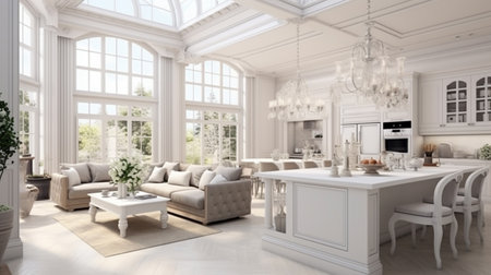 Luxurious interior design of white kitchen, dining room with windows and living room in one spaceの素材
