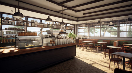 Third Wave Coffee Shop Interior Cafe. cafe bar restaurant nobody indoor. Empty coffee shop interiorの素材