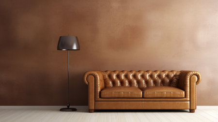 Home Interior With Brown Leather Sofa, Empty Wall And Floor Lamp Living Room, Wallの素材