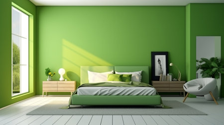 Modern bedroom interior Bedroom, Green Color, Indoors, Home Interior bed, bench and lamp in bedroomの素材