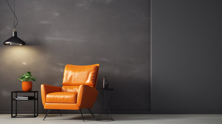 Modern Interior With Orange Colored Leather Armchair, Sconce, Coffee Table Gray Wallの素材