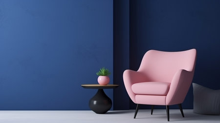 Modern room interior with baby pink armchair and table with dark blue color wallの素材