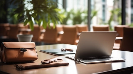Selective focus of table laptop. Contemporary Office Table, documents chairs in officeの素材