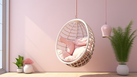 Beautiful hanging chair with pink decor. Comfortable hammock chair in stylish room. Home interiorの素材