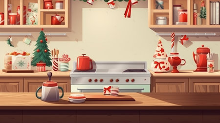 Christmas home kitchen interior with wooden worktop and kitchenware, holiday cooking backgroundの素材