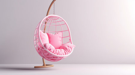 Beautiful hanging chair with pink decor. Comfortable hammock chair in stylish room. Home interiorの素材