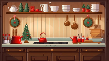 Christmas home kitchen interior with wooden worktop and kitchenware, holiday cooking backgroundの素材