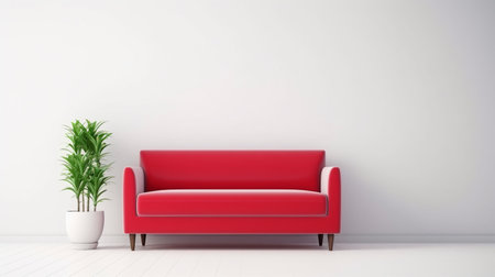 Interior design of red couch on white wall. modern fictitious living room with sofaの素材