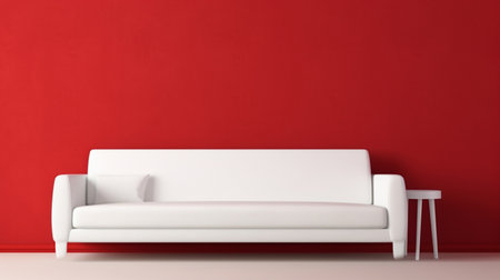 Interior design of white couch on red wall. modern fictitious living room with sofaの素材
