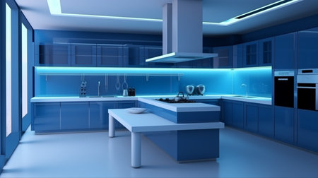 Interior of modern kitchen in blue tones. Interior of modern kitchen with blue wallの素材