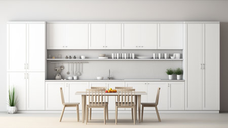 Interior of modern light kitchen with white wooden furniture, table chairs dining roomの素材