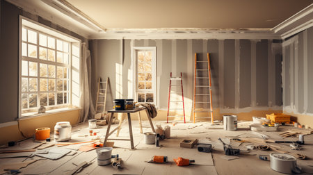 Home renovation and DIY. Home renovation in room full of painting toolsの素材