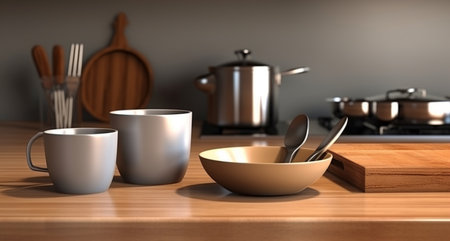Kitchenware on the wooden worktop. Bright And Clean Kitchen With White Cabinetsの素材