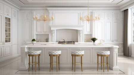 Luxury white kitchen with large kitchen island. Warm white kitchen with expansive counter topsの素材