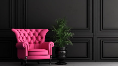 Pink armchair in a black interior. Cyclamen pink armchair in black interior roomの素材