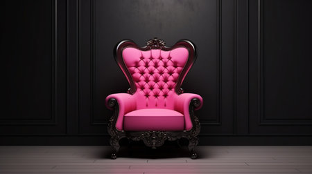 Pink armchair in a black interior. Cyclamen pink armchair in black interior roomの素材