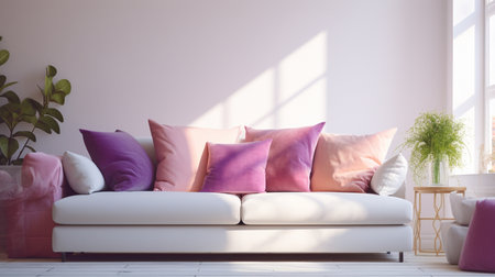 Sunny living room with pink pillow, white pillow and purple pillow. Modern Interior designの素材
