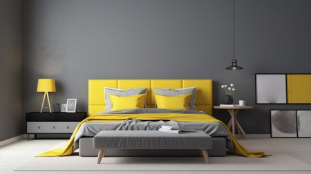 Yellow and gray modern bedroom. Stylish interior of modern bedroomの素材
