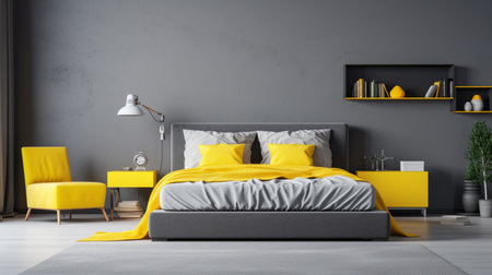Yellow and gray modern bedroom. Stylish interior of modern bedroomの素材
