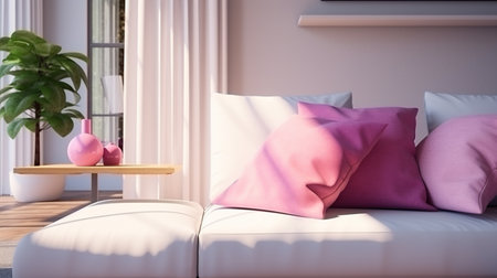 Sunny living room with pink pillow, white pillow and purple pillow. Modern Interior designの素材