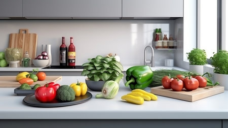 Interior of modern kitchen with vegetables, Fresh fruits and salad on tableの素材