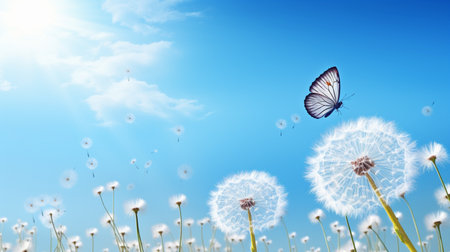 Natural pastel background. Morpho butterfly and dandelion. Seeds of a dandelion flowerの素材