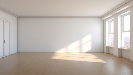 Interior of empty apartment. Empty room with whitewashed floating laminate flooringの素材