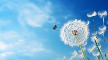 Natural pastel background. Morpho butterfly and dandelion. Seeds of a dandelion flowerの素材
