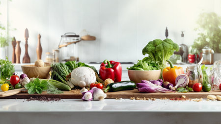 Panoramic shot of fresh vegetables and cooking utensils on table in kitchenの素材