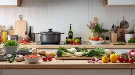 Panoramic shot of fresh vegetables and cooking utensils on table in kitchenの素材