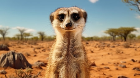 A very cute meerkat stands in the Kalahari Desert, Namibiaの素材