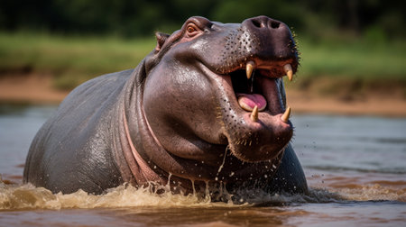 Angry hippo (Hippopotamus amphibius), hippo with a wide open mouth displaying dominanceの素材